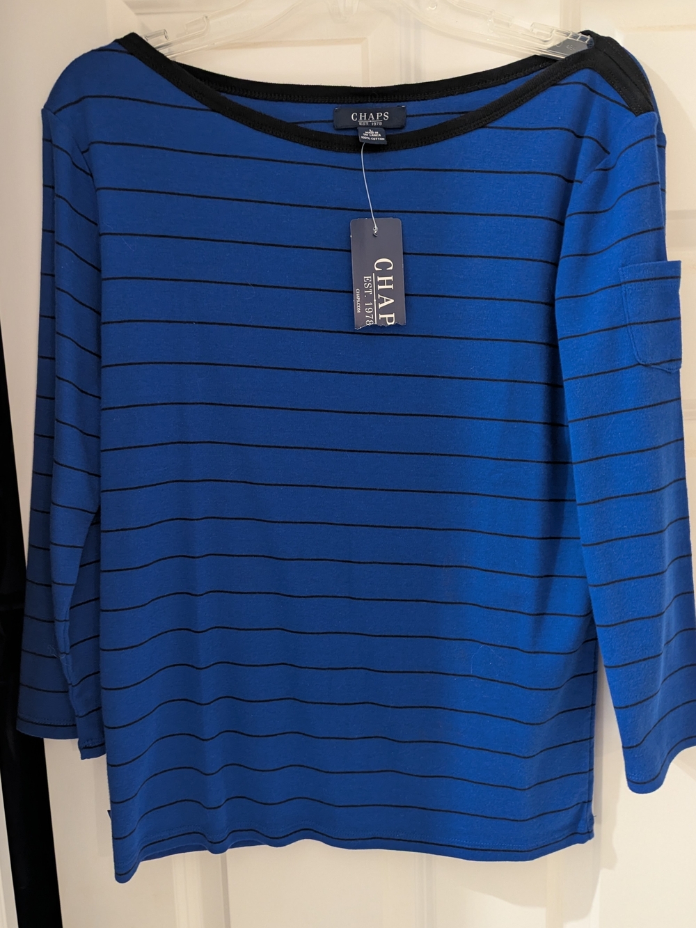 Chaps Blue and Black Striped Crewneck Top